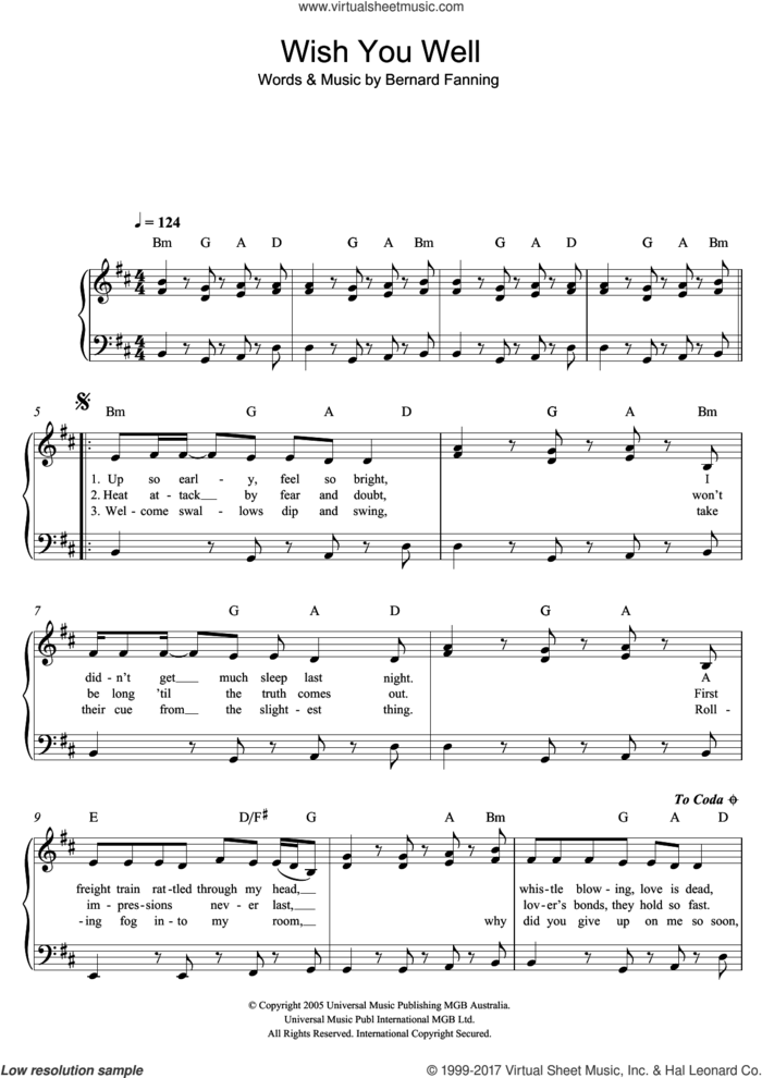 Wish You Well sheet music for piano solo by Bernard Fanning, easy skill level