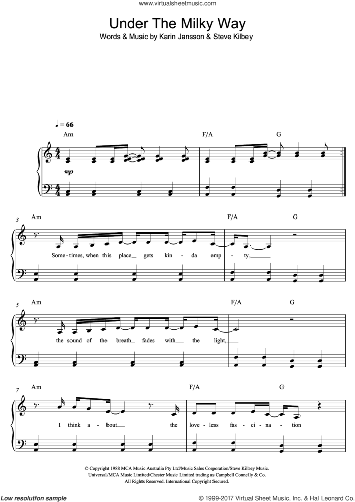 Under The Milky Way sheet music for piano solo by The Church, easy skill level