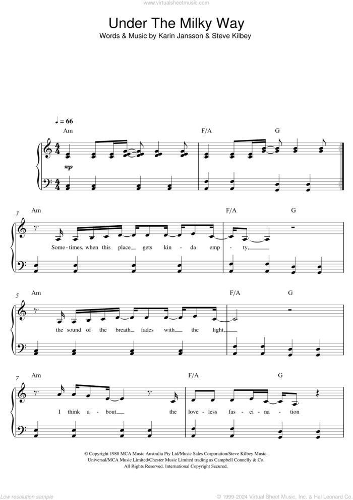 Under The Milky Way sheet music for piano solo by The Church, easy skill level