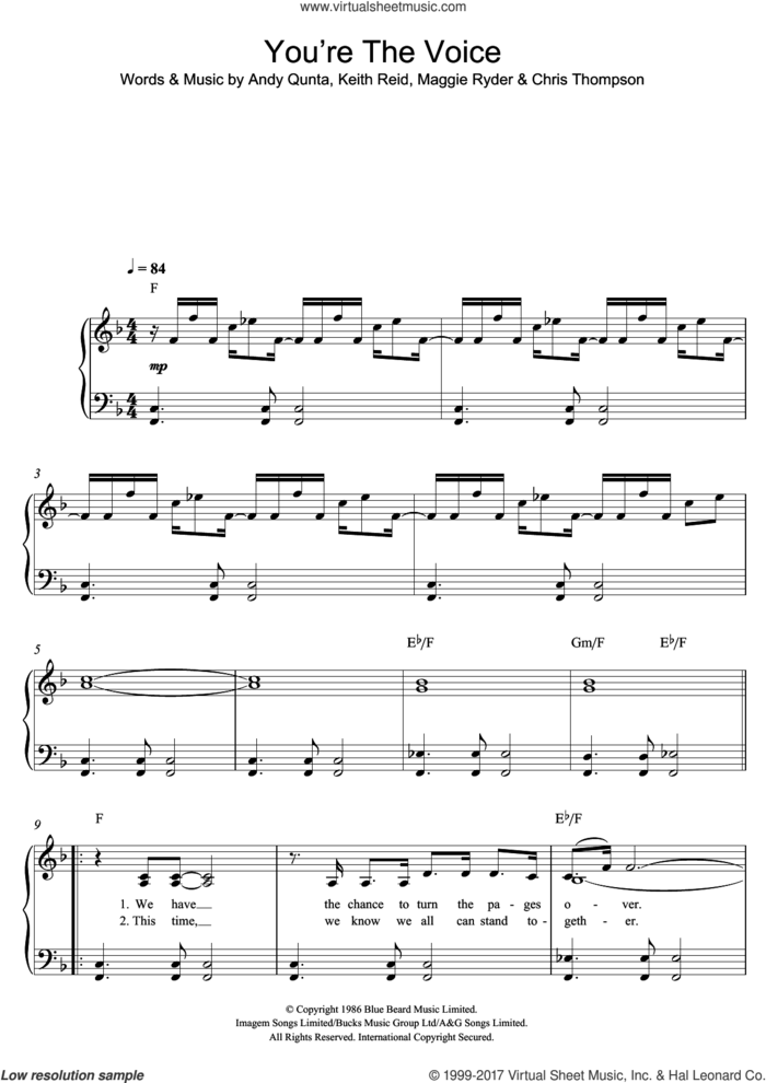 You're The Voice sheet music for piano solo by John Farnham, easy skill level