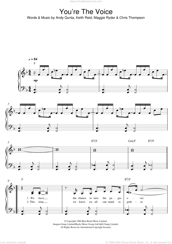 You're The Voice sheet music for piano solo by John Farnham, easy skill level