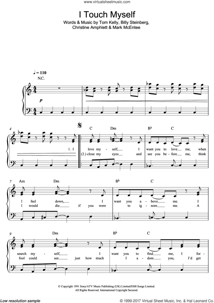 I Touch Myself sheet music for piano solo by The Divinyls, easy skill level