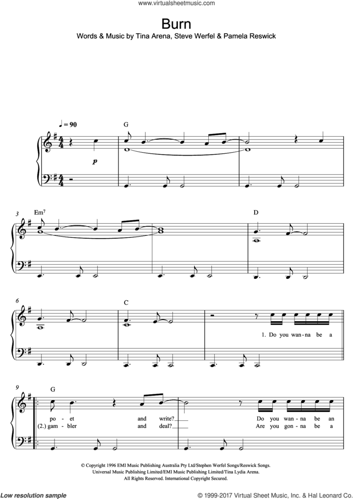 Burn sheet music for piano solo by Tina Arena, easy skill level