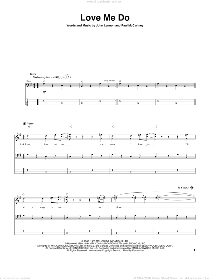 Love Me Do sheet music for bass (tablature) (bass guitar) by The Beatles, John Lennon and Paul McCartney, intermediate skill level