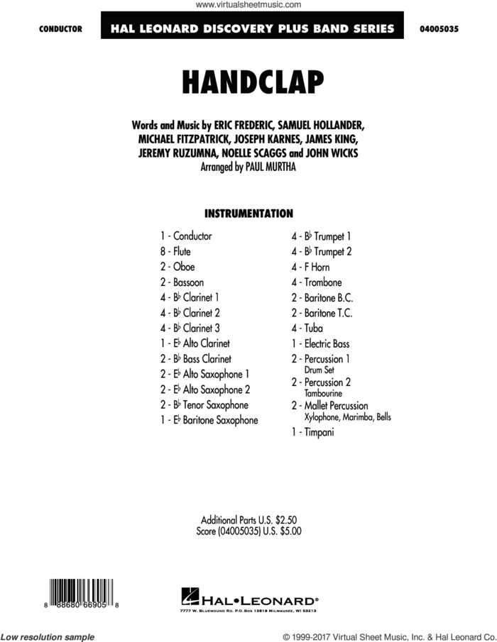 HandClap (COMPLETE) sheet music for concert band by Paul Murtha, Eric Frederic, Fitz And The Tantrums, James King, Jeremy Ruzumna, John Wicks, Joseph Karnes, Michael Fitzpatrick, Noelle Scaggs and Sam Hollander, intermediate skill level