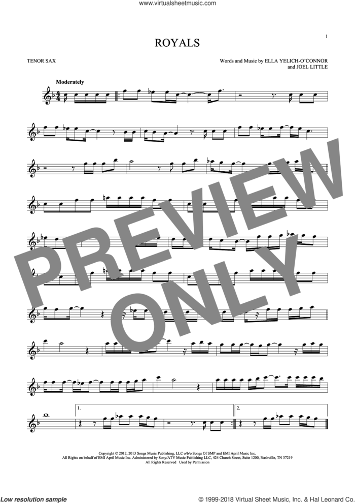 Royals sheet music for tenor saxophone solo by Lorde and Joel Little, intermediate skill level