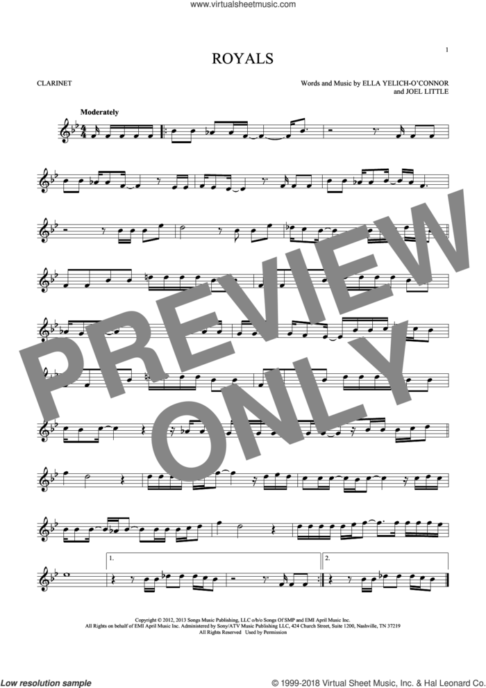 Royals sheet music for clarinet solo by Lorde and Joel Little, intermediate skill level