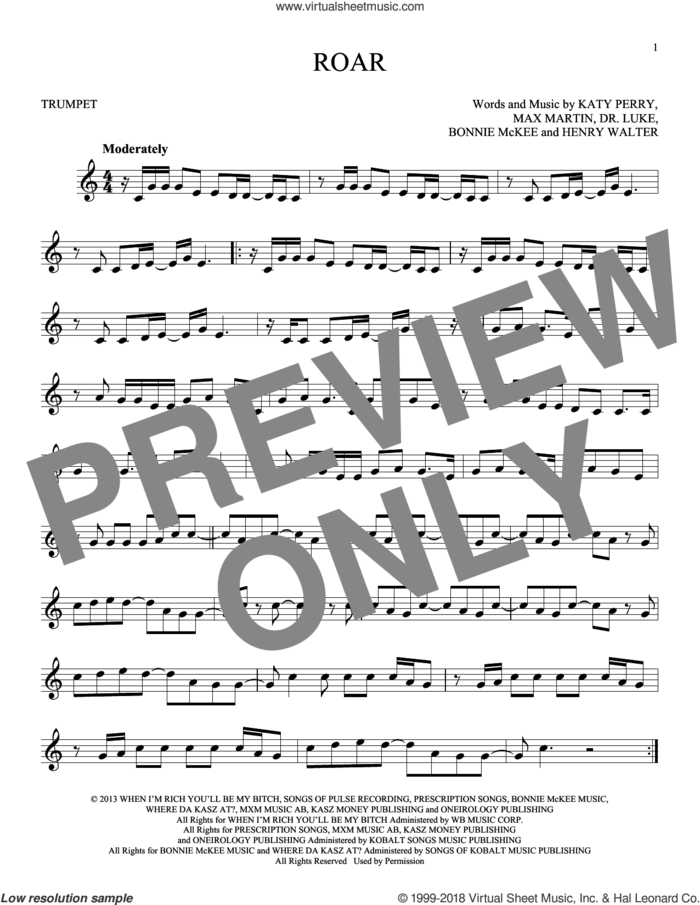 Roar sheet music for trumpet solo by Katy Perry, Bonnie McKee, Henry Walter, Lukasz Gottwald and Max Martin, intermediate skill level