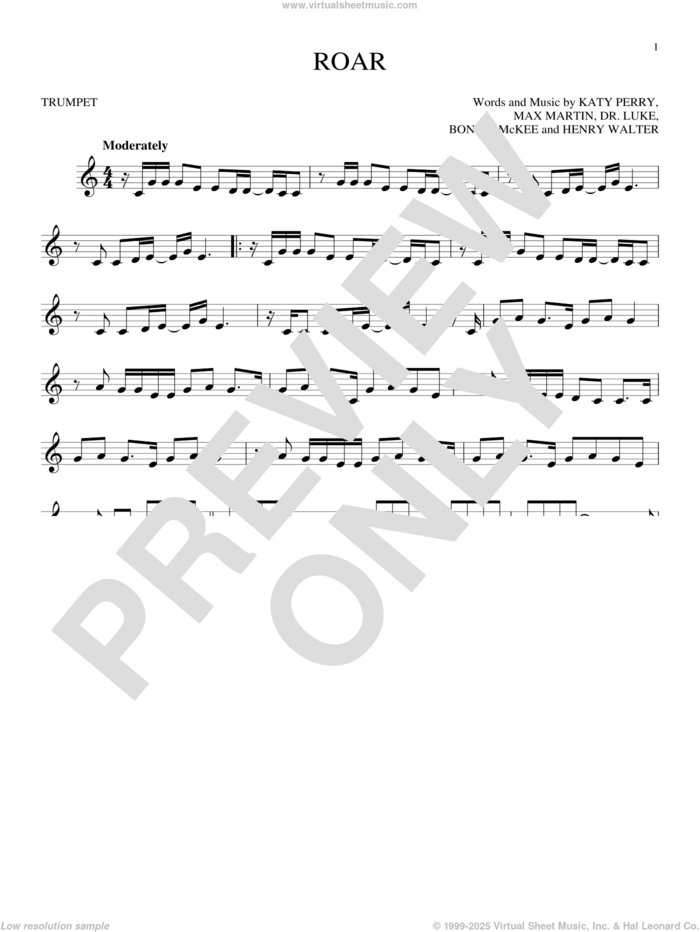 Roar sheet music for trumpet solo by Katy Perry, Bonnie McKee, Henry Walter, Lukasz Gottwald and Max Martin, intermediate skill level