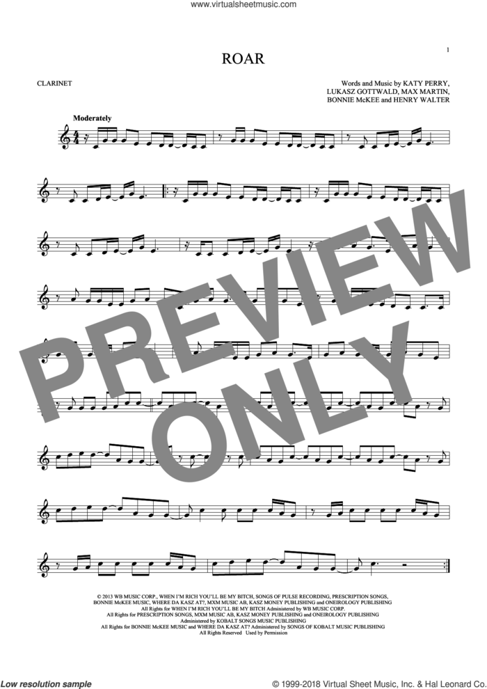 Roar sheet music for clarinet solo by Katy Perry, Bonnie McKee, Henry Walter, Lukasz Gottwald and Max Martin, intermediate skill level