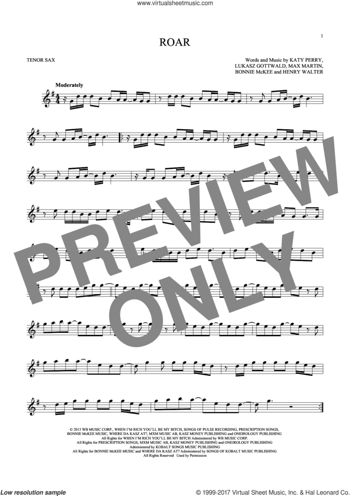 Roar sheet music for tenor saxophone solo by Katy Perry, Bonnie McKee, Henry Walter, Lukasz Gottwald and Max Martin, intermediate skill level