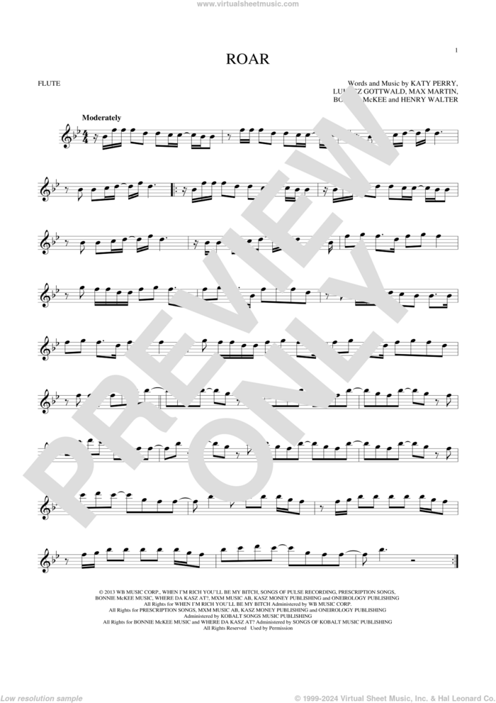 Roar sheet music for flute solo by Katy Perry, Bonnie McKee, Henry Walter, Lukasz Gottwald and Max Martin, intermediate skill level