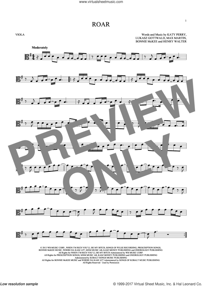 Roar sheet music for viola solo by Katy Perry, Bonnie McKee, Henry Walter, Lukasz Gottwald and Max Martin, intermediate skill level