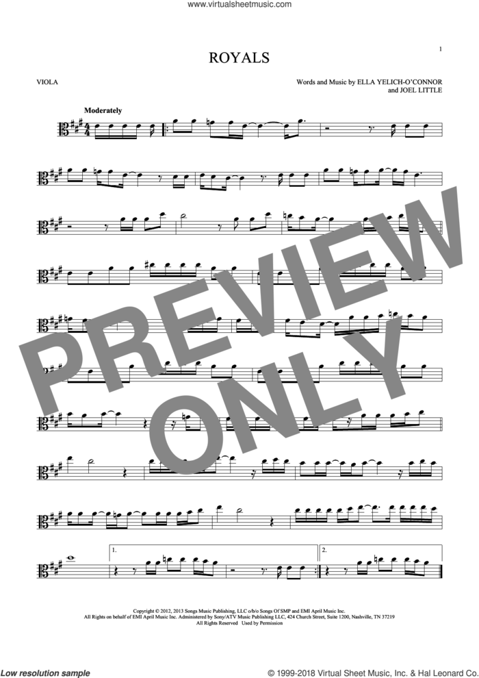 Royals sheet music for viola solo by Lorde and Joel Little, intermediate skill level