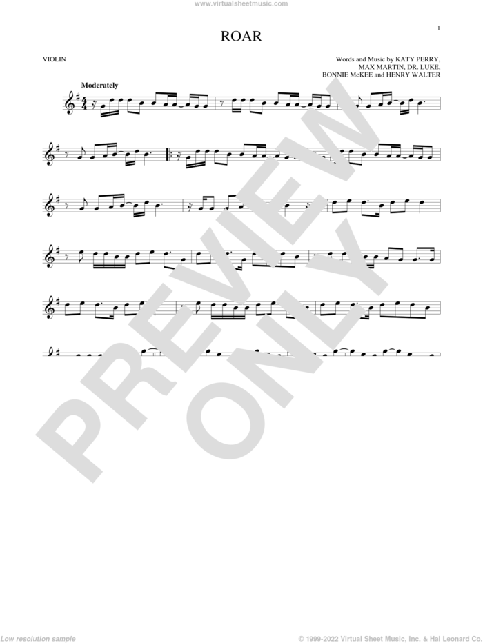 Roar sheet music for violin solo by Katy Perry, Bonnie McKee, Henry Walter, Lukasz Gottwald and Max Martin, intermediate skill level