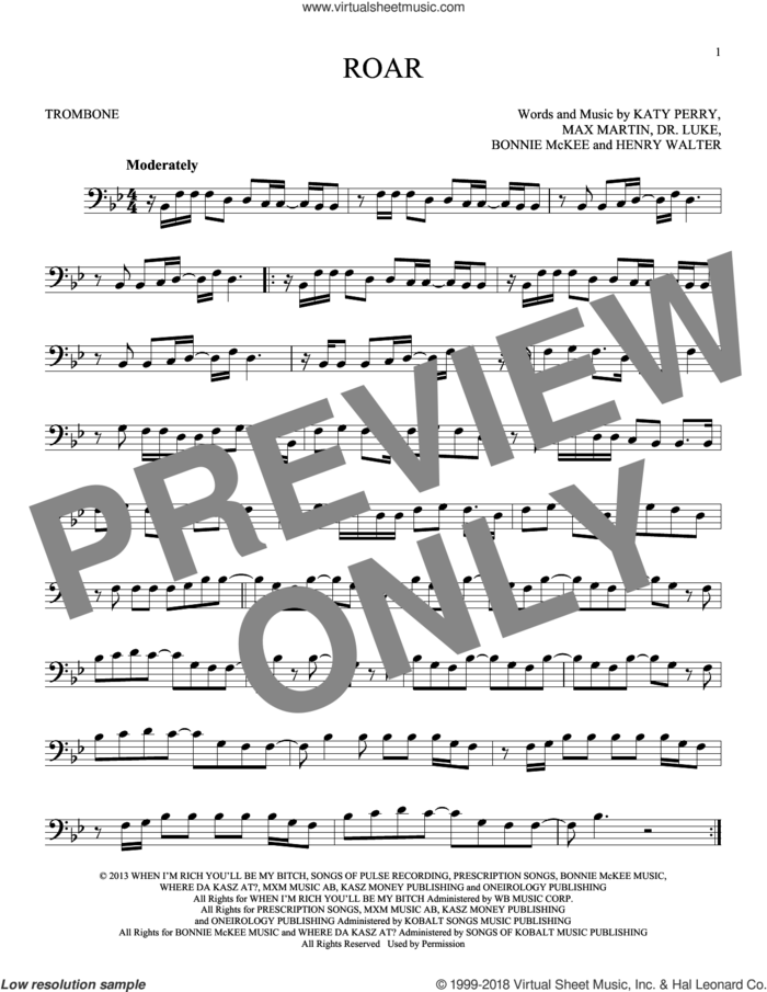 Roar sheet music for trombone solo by Katy Perry, Bonnie McKee, Henry Walter, Lukasz Gottwald and Max Martin, intermediate skill level