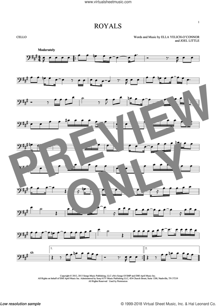 Royals sheet music for cello solo by Lorde and Joel Little, intermediate skill level