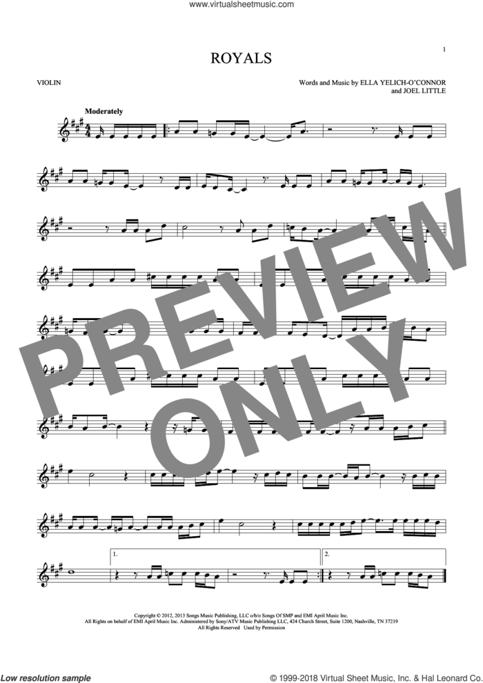 Royals sheet music for violin solo by Lorde and Joel Little, intermediate skill level