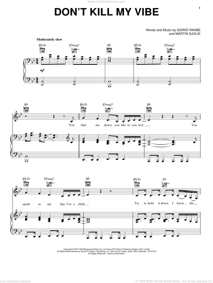 Don't Kill My Vibe sheet music for voice, piano or guitar by Sigrid, Martin Sjolie and Sigrid Raabe, intermediate skill level