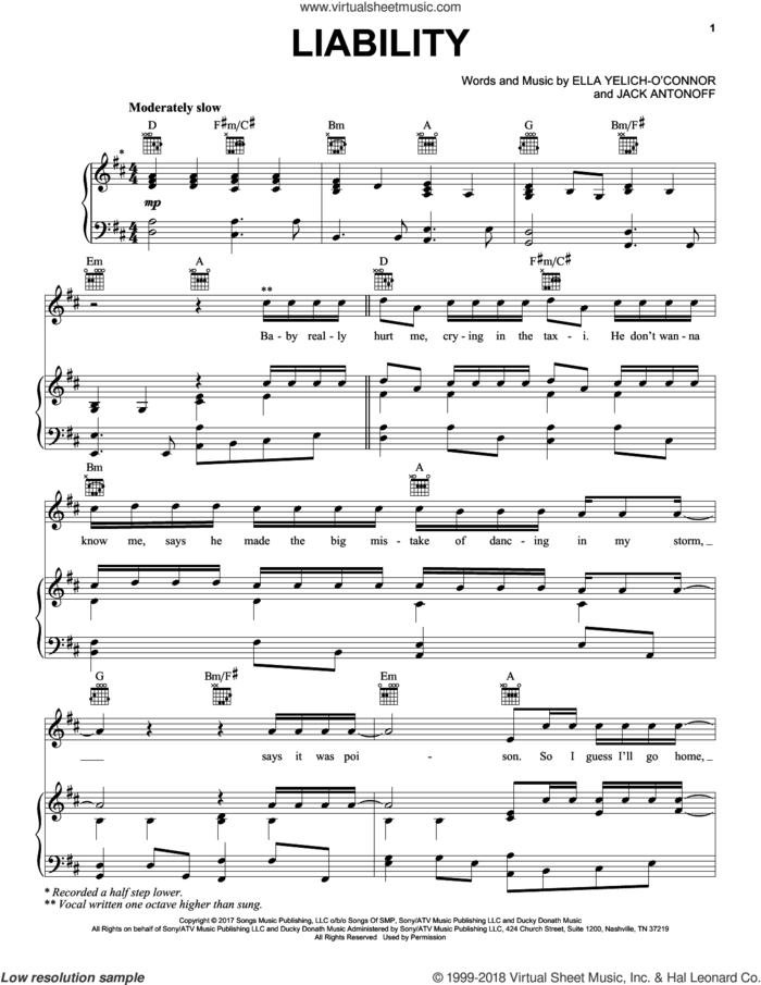 Liability sheet music for voice, piano or guitar by Lorde and Jack Antonoff, intermediate skill level