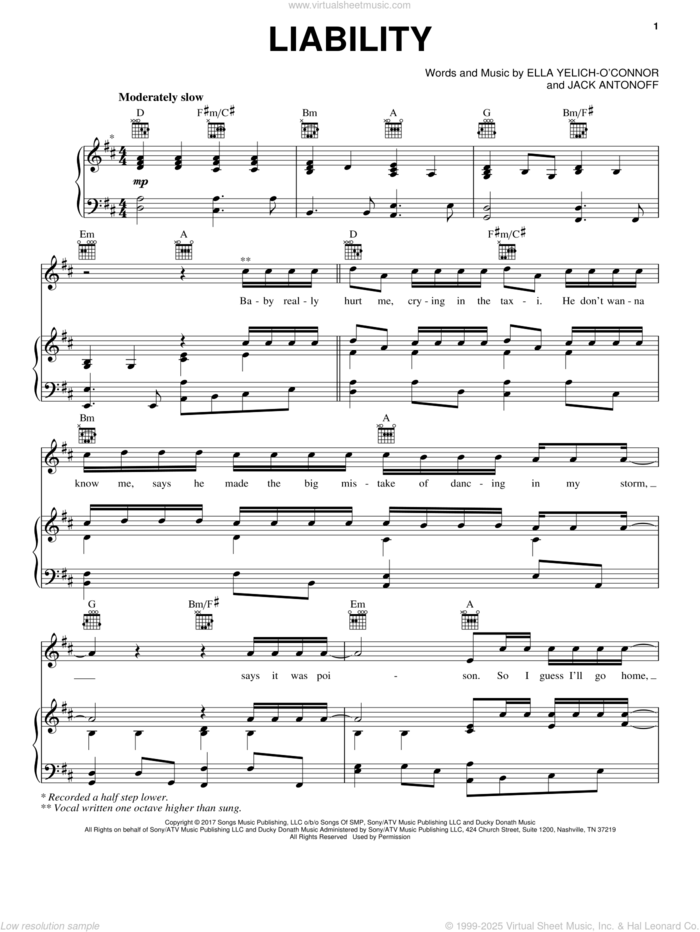 Liability sheet music for voice, piano or guitar by Lorde and Jack Antonoff, intermediate skill level