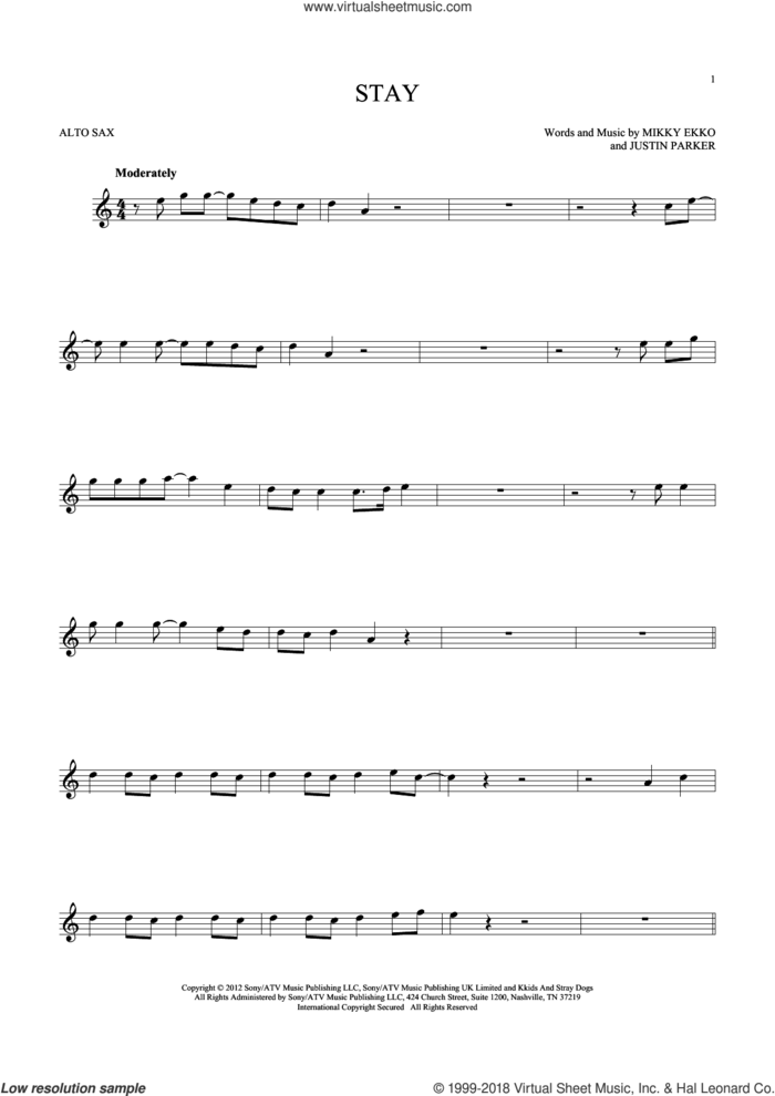 Stay sheet music for alto saxophone solo by Rihanna, Justin Parker and Mikky Ekko, intermediate skill level