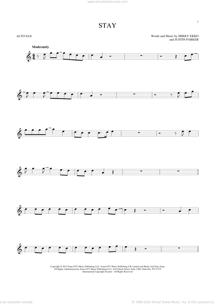 Stay sheet music for alto saxophone solo by Rihanna, Justin Parker and Mikky Ekko, intermediate skill level