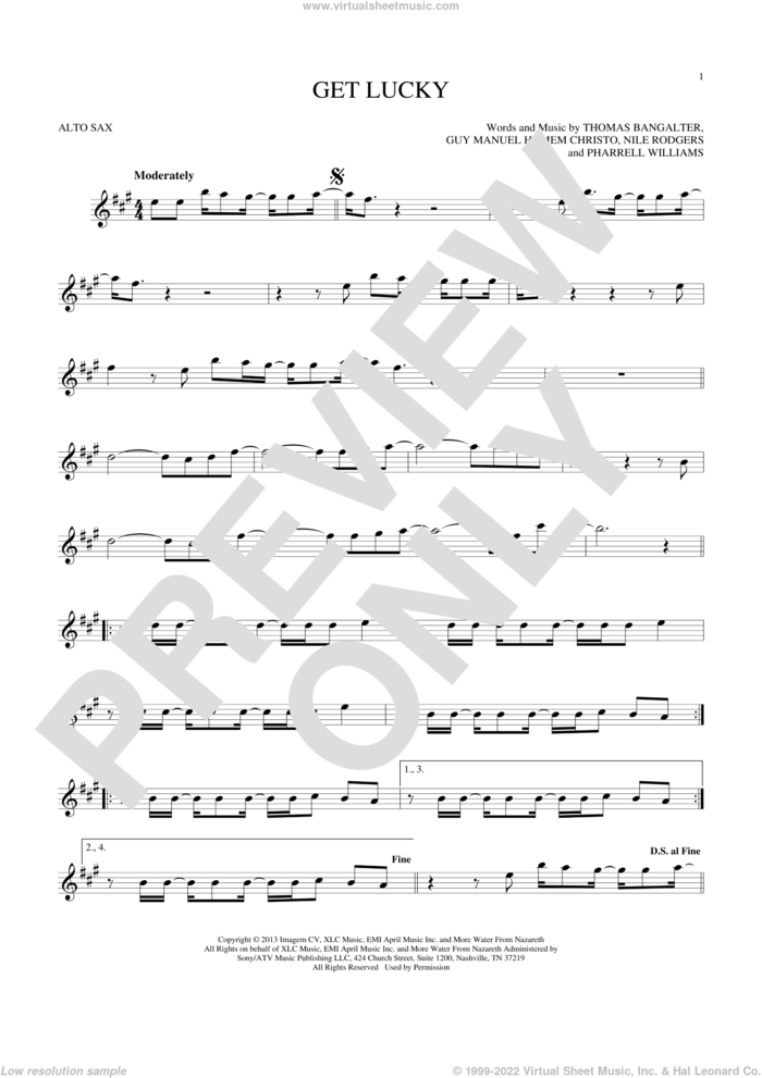 Get Lucky sheet music for alto saxophone solo by Daft Punk Featuring Pharrell Williams, Guy Manuel Homem Christo, Nile Rodgers, Pharrell Williams and Thomas Bangalter, intermediate skill level