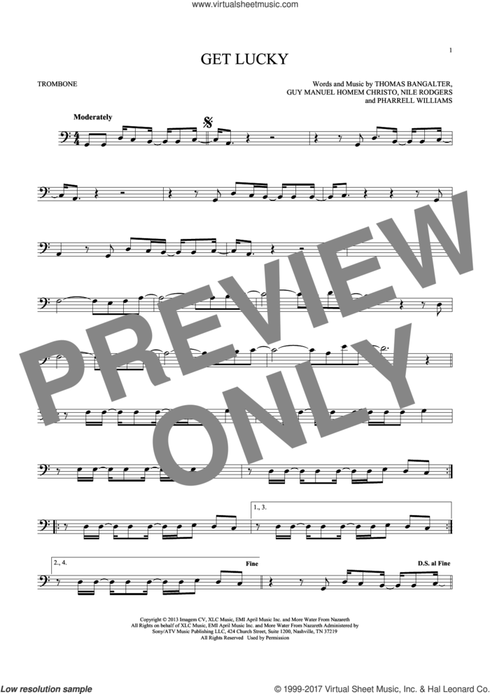 Get Lucky sheet music for trombone solo by Daft Punk Featuring Pharrell Williams, Guy Manuel Homem Christo, Nile Rodgers, Pharrell Williams and Thomas Bangalter, intermediate skill level