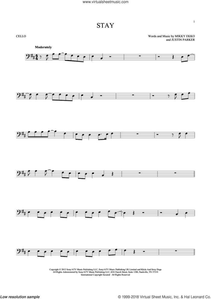 Stay sheet music for cello solo by Rihanna, Justin Parker and Mikky Ekko, intermediate skill level