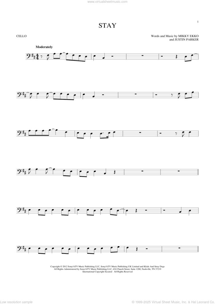 Stay sheet music for cello solo by Rihanna, Justin Parker and Mikky Ekko, intermediate skill level