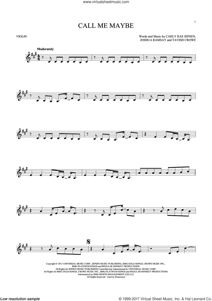 Call Me Maybe sheet music for violin solo by Carly Rae Jepsen, Joshua Ramsay and Tavish Crowe, intermediate skill level