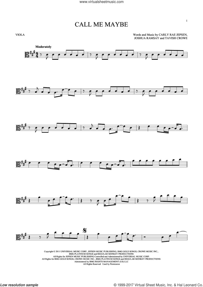 Call Me Maybe sheet music for viola solo by Carly Rae Jepsen, Joshua Ramsay and Tavish Crowe, intermediate skill level