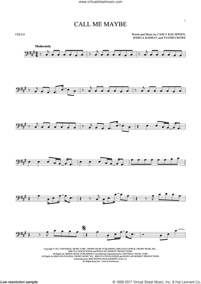 Call Me Maybe sheet music for cello solo by Carly Rae Jepsen, Joshua Ramsay and Tavish Crowe, intermediate skill level