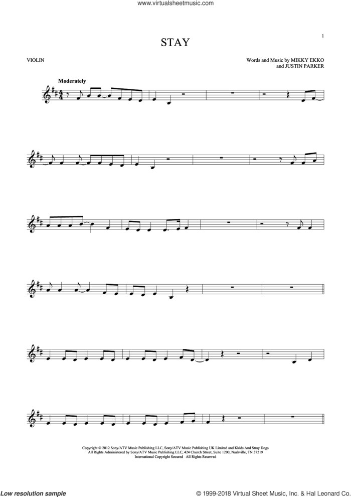 Stay sheet music for violin solo by Rihanna, Justin Parker and Mikky Ekko, intermediate skill level