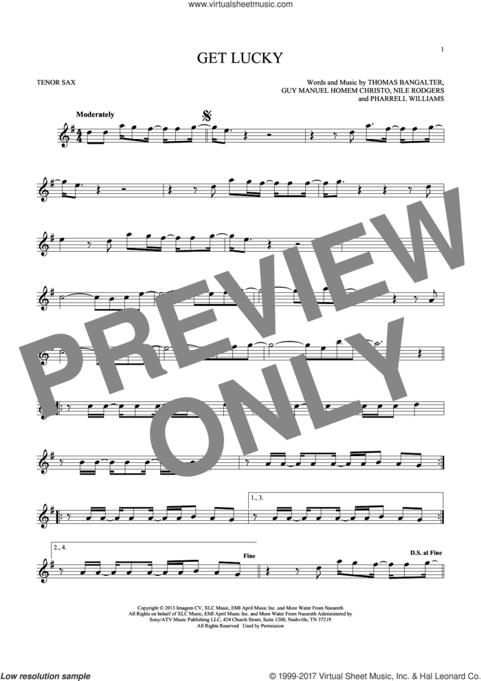 Get Lucky sheet music for tenor saxophone solo by Daft Punk Featuring Pharrell Williams, Guy Manuel Homem Christo, Nile Rodgers, Pharrell Williams and Thomas Bangalter, intermediate skill level