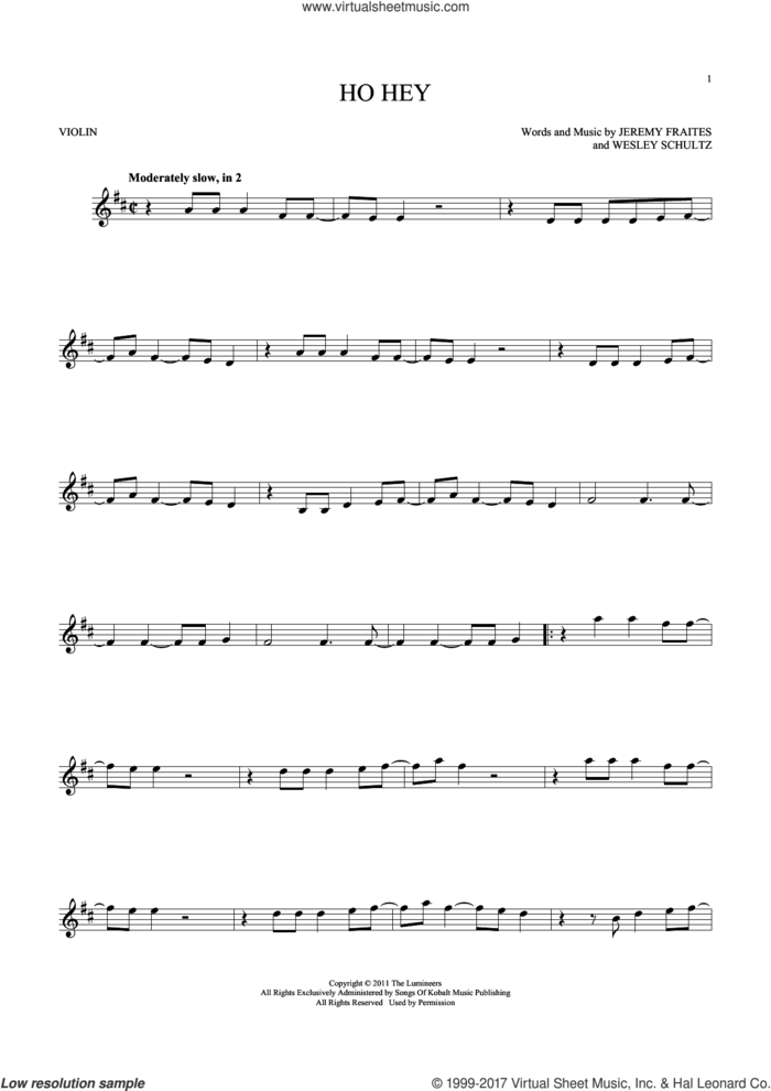 Ho Hey sheet music for violin solo by The Lumineers, Lennon & Maisy, Jeremy Fraites and Wesley Schultz, intermediate skill level