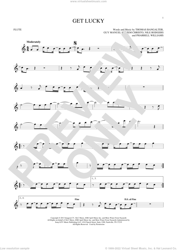 Get Lucky sheet music for flute solo by Daft Punk Featuring Pharrell Williams, Guy Manuel Homem Christo, Nile Rodgers, Pharrell Williams and Thomas Bangalter, intermediate skill level