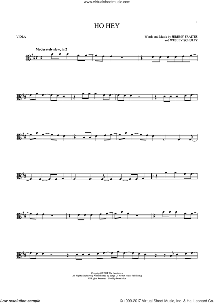 Ho Hey sheet music for viola solo by The Lumineers, Lennon & Maisy, Jeremy Fraites and Wesley Schultz, intermediate skill level