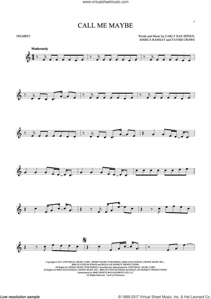 Call Me Maybe sheet music for trumpet solo by Carly Rae Jepsen, Joshua Ramsay and Tavish Crowe, intermediate skill level