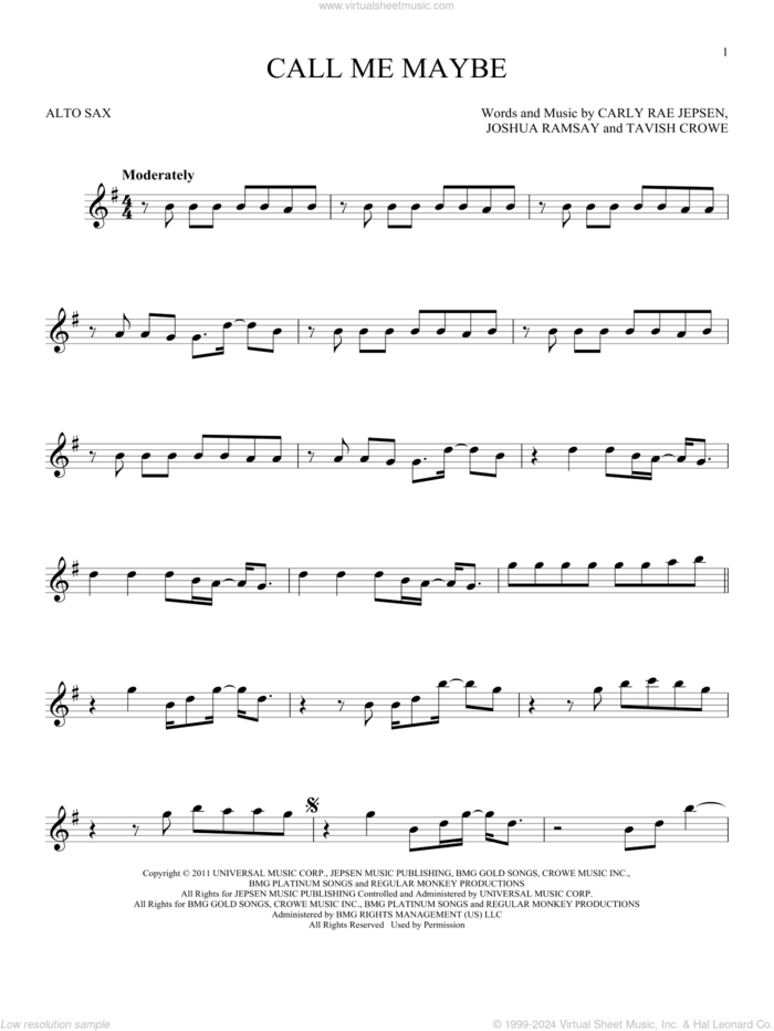 Call Me Maybe sheet music for alto saxophone solo by Carly Rae Jepsen, Joshua Ramsay and Tavish Crowe, intermediate skill level