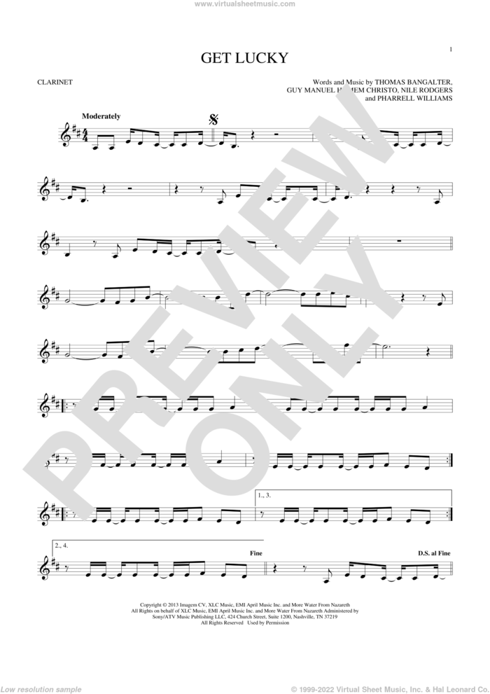 Get Lucky sheet music for clarinet solo by Daft Punk Featuring Pharrell Williams, Guy Manuel Homem Christo, Nile Rodgers, Pharrell Williams and Thomas Bangalter, intermediate skill level