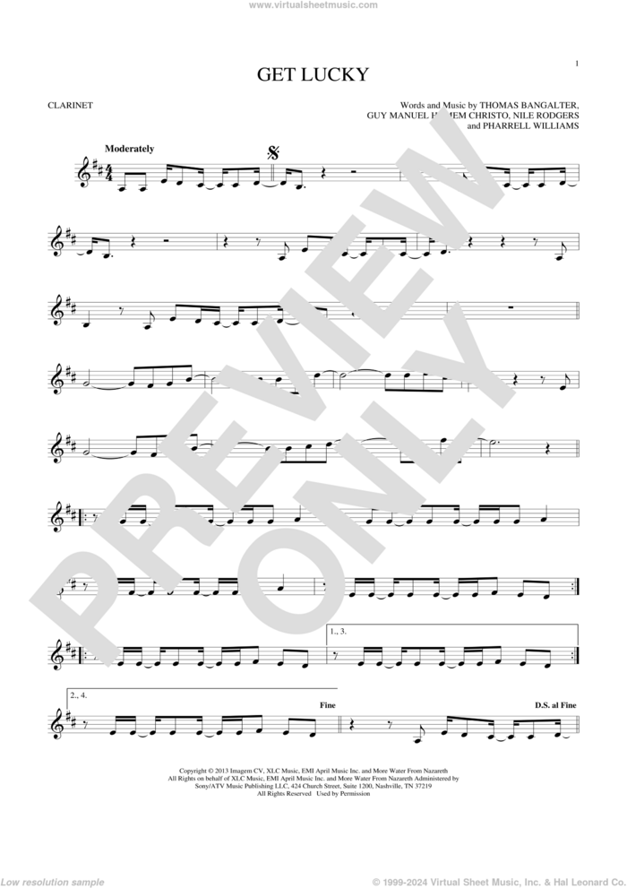 Get Lucky sheet music for clarinet solo by Daft Punk Featuring Pharrell Williams, Guy Manuel Homem Christo, Nile Rodgers, Pharrell Williams and Thomas Bangalter, intermediate skill level