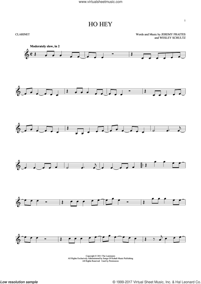 Ho Hey sheet music for clarinet solo by The Lumineers, Lennon & Maisy, Jeremy Fraites and Wesley Schultz, intermediate skill level