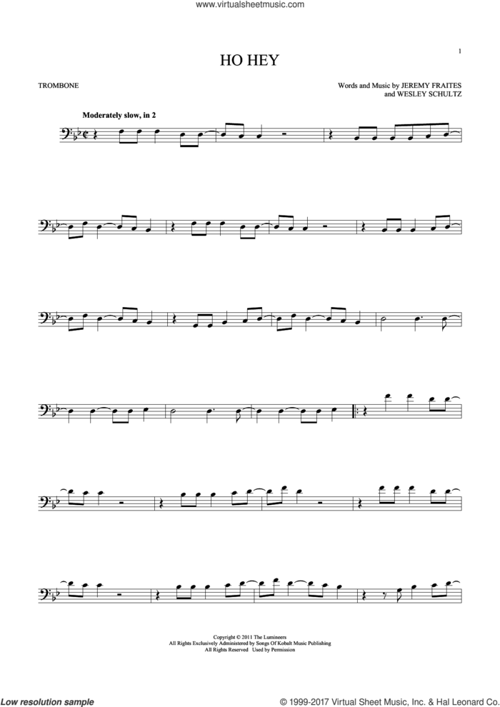 Ho Hey sheet music for trombone solo by The Lumineers, Lennon & Maisy, Jeremy Fraites and Wesley Schultz, intermediate skill level