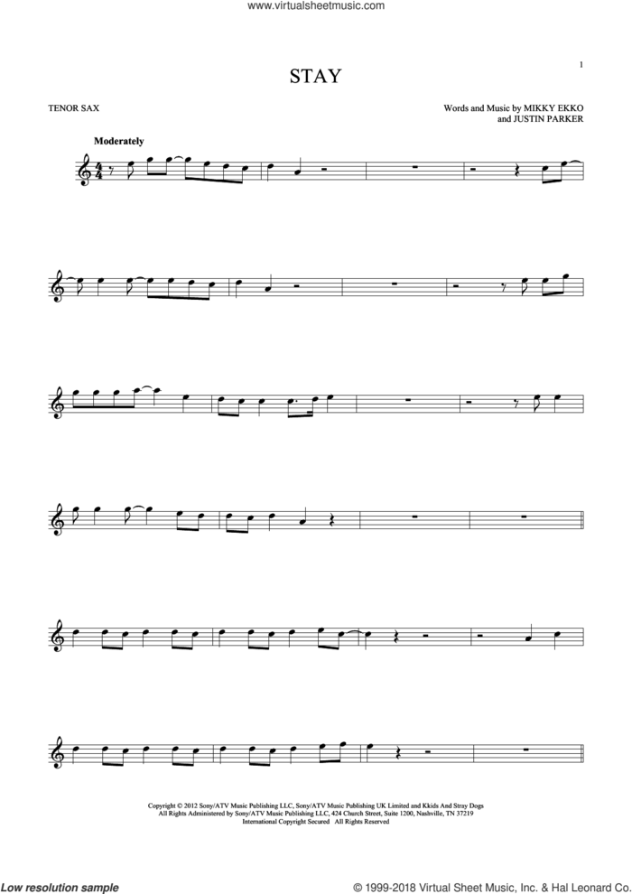 Stay sheet music for tenor saxophone solo by Rihanna, Justin Parker and Mikky Ekko, intermediate skill level