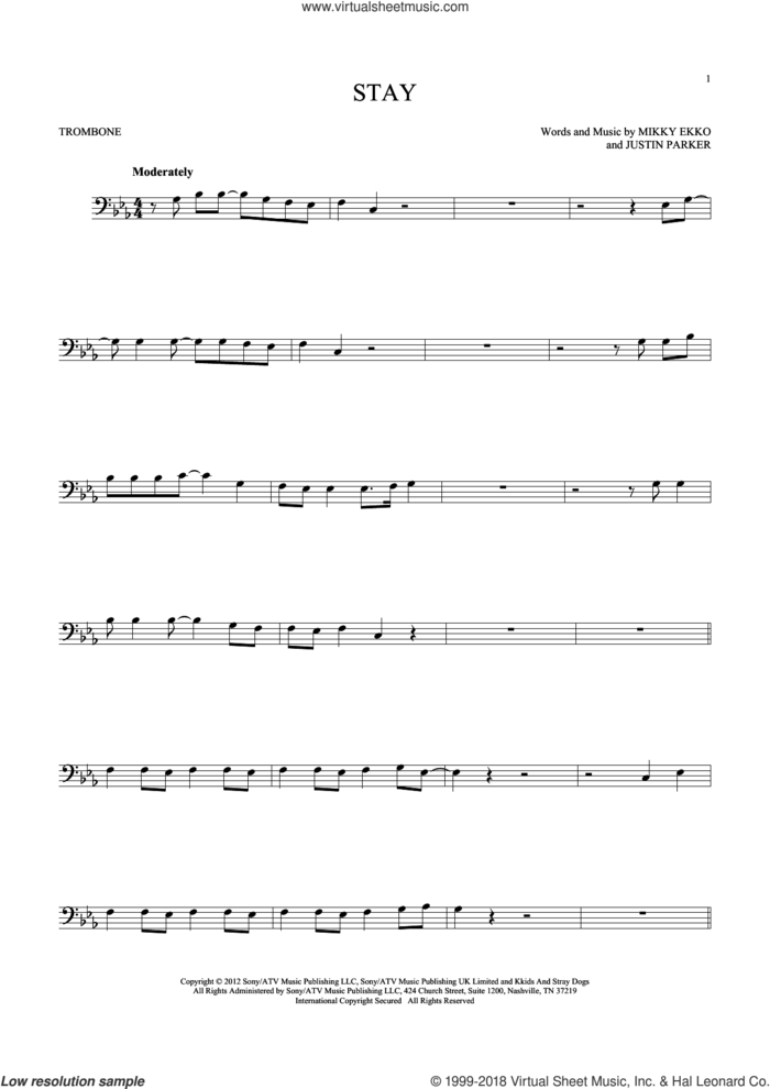 Stay sheet music for trombone solo by Rihanna, Justin Parker and Mikky Ekko, intermediate skill level
