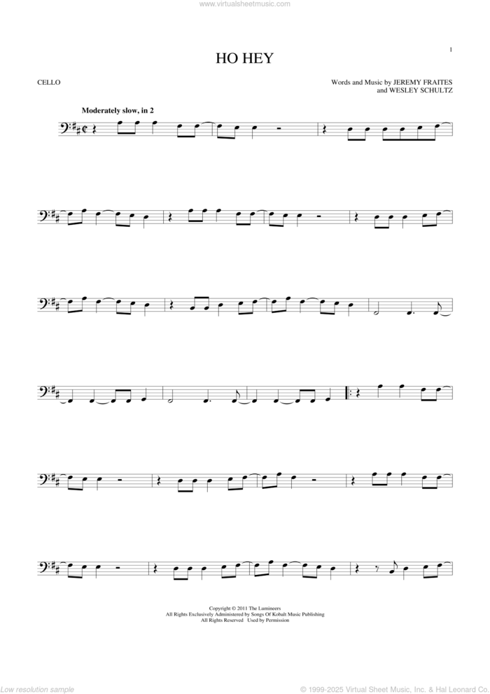 Ho Hey sheet music for cello solo by The Lumineers, Lennon & Maisy, Jeremy Fraites and Wesley Schultz, intermediate skill level