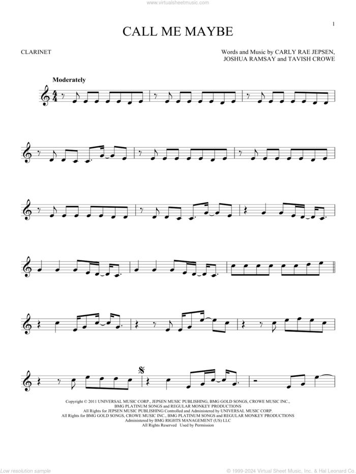 Call Me Maybe sheet music for clarinet solo by Carly Rae Jepsen, Joshua Ramsay and Tavish Crowe, intermediate skill level