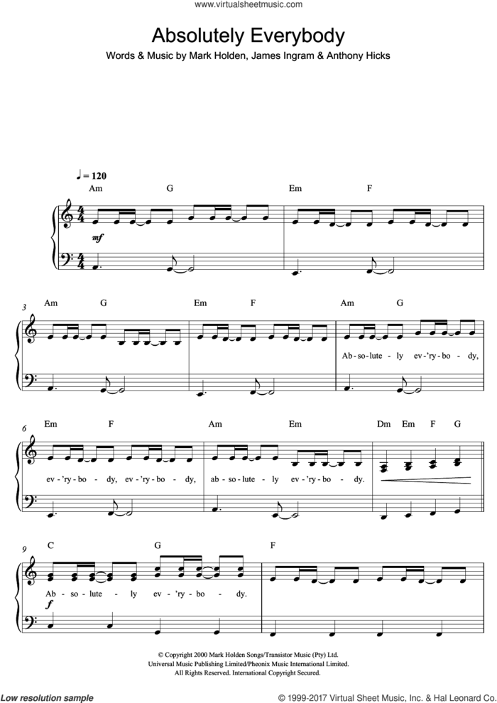 Absolutely Everybody sheet music for piano solo by Vanessa Amorosi, easy skill level